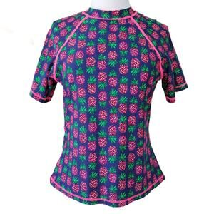 Pour Moi Pineapple Print Rash Guard Swim Top Navy Pink Size 12
